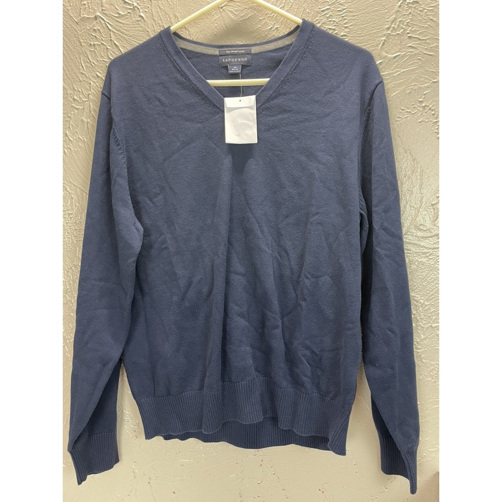 Land's End Mens Sweater Medium 38-40 Navy Blueā V-Neck 100% Supima Cotton Casual